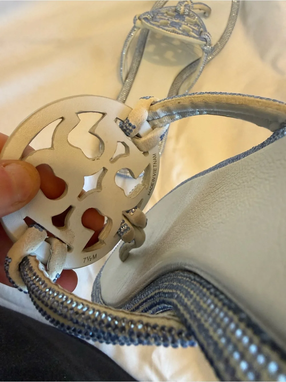 Tory Burch Light Blue rhinestone sparkling Logo Thong Sandals